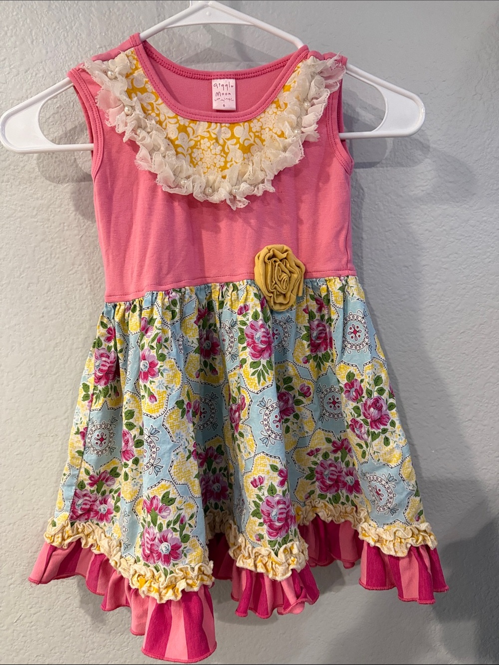 Giggle Moon Pink Floral Tank Dress with Yellow Rosette